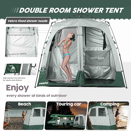 Camping Shower Tent Deluxe Changing Room Easy Set Up Privacy Shelter,Large Toilet Tent 2 Rooms with Floor Drain Design for Beach, Camping
