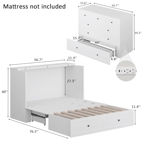 Queen Murphy Bed with Storage & Charging Station, Murphy Cabinet with Foldable Panel, Noisy Free, for Guest Bedroom, Living Room, Office