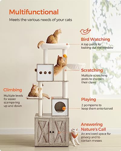 Feandrea Cat Tree with Litter Box Enclosure, 2-in-1 Modern Cat Tower, 70.8-Inch Tall Cat Condo with Scratching Posts, Perch, Caves, Basket