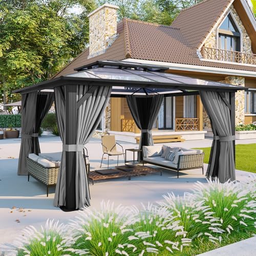 Aoxun 12'x10' Hardtop Gazebo, Aluminum Frame Permanent Pavilion with Curtains and Netting, Outdoor Polycarbonate Double Roof Canopy