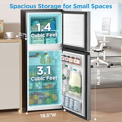 Midea WHD-113FB1 Double Door Mini Fridge with Freezer for Bedroom Office or Dorm with Adjustable Remove Glass Shelves Compact Refrigerator, 3.1 cu ft