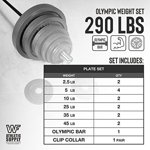 WF Athletic Supply 290lb & 300lb & 555lb Traditional/Classic Olympic Weight Plates Set with 7 ft. Olympic Barbell, Great for Strength Training
