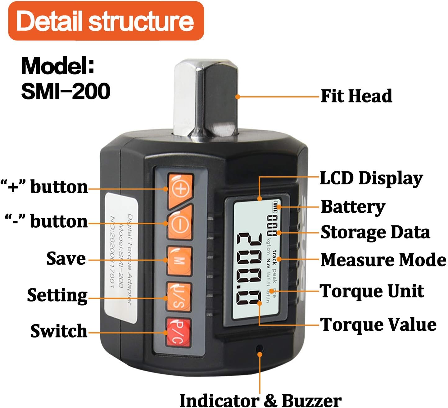 Digital Torque Adapter 200Nm- 1/2” Drive (14.75 to 147.5ft-lbs.) with Buzzer and Backlight Function (Accurate to 2%) Calibrated