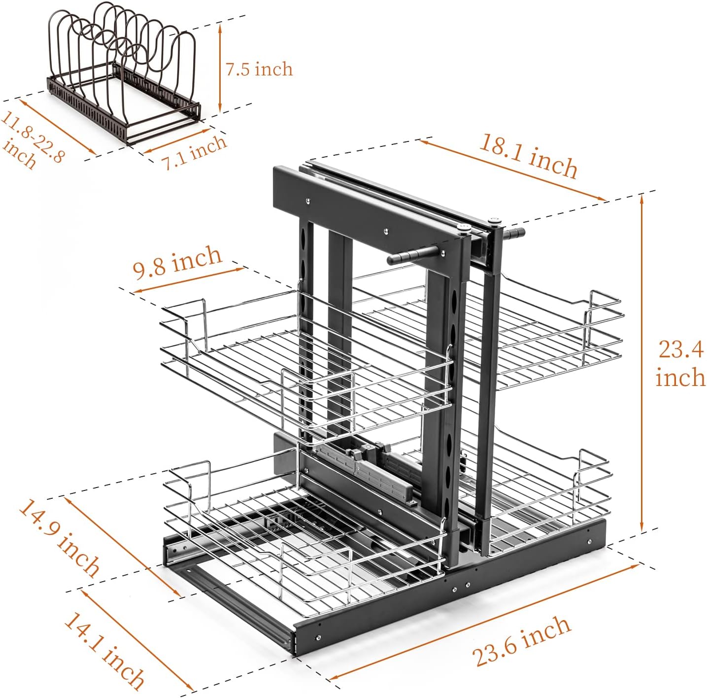 15-Inch Chrome Soft Close Blind Corner 4 Shelf Slide Out Kitchen Cabinet Organizer ​Opening Chrome Soft Close Blind Corner for Minimum Cabinet Size