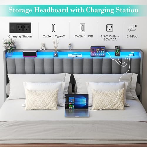 Queen Bed Frame with 2 Storage Drawers, Platform Bed Frame Queen Size with LED Light, Upholstered Headboard, Charging Station, Steel Slat Support