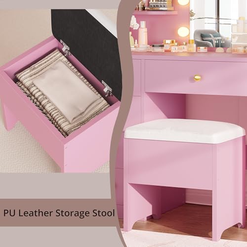 IRONCK Vanity Desk with Mirror and Lights, Small Makeup Vanity Table with 5 Drawers, Power Outlet, and Vanity Stool, 3 Lighting Colors