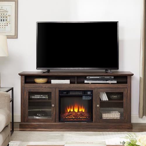 Farmhouse Fireplace TV Stand for TVs Up to 65'', Rustic Entertainment Center with 18" Electric Fireplace, Wood Media Console Cabinet for Living Room