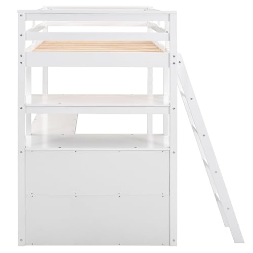 Harper & Bright Designs Twin Size Loft Bed with Wardrobe, Desk and Multiple Storage Shelves, Solid Wood Loft Bed Frame with Bookshelf