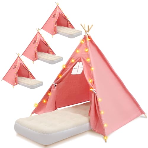 6 Pack Teepee Tent for Kids [Thickened] with Light String and Inflatable Airbed, Slumber Party Tents
