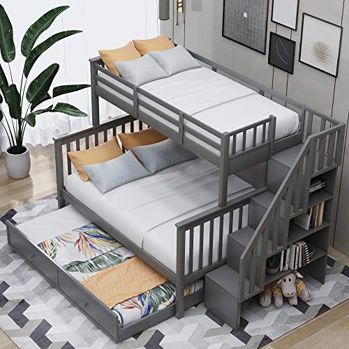 Ball & Cast Full Over Full Bunk Bed with Twin Size Trundle and Built in 4 Drawer,Wood Bunkbed w/Storage Ladder & Slat Support
