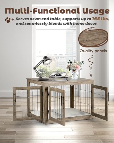 Dog Crate Furniture, 32 inch Medium Dog Crates with Bed Mat, Wooden Dog Kennel Furniture, End Side Table Dog Cage with 3 Doors, Greige