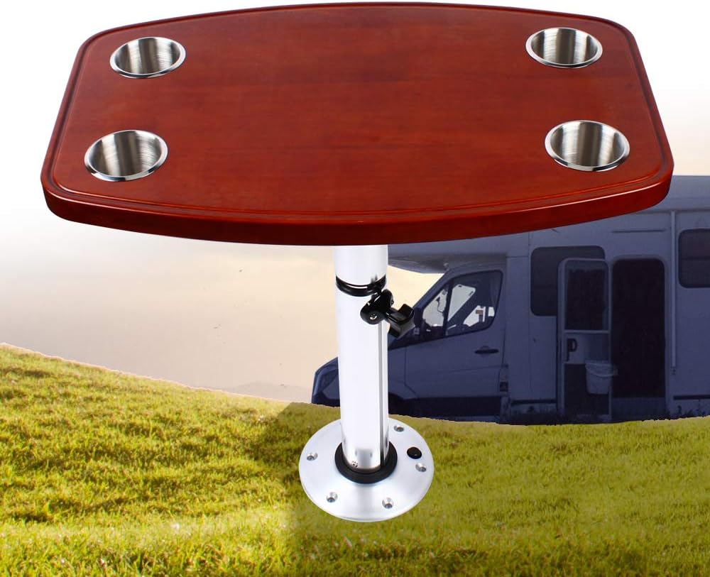 Boat Table, Varnished Removable Marine Table with 4 Cup Holders and Pedestal Base Mount Height Adjustable for Caravan RV Marine Boat