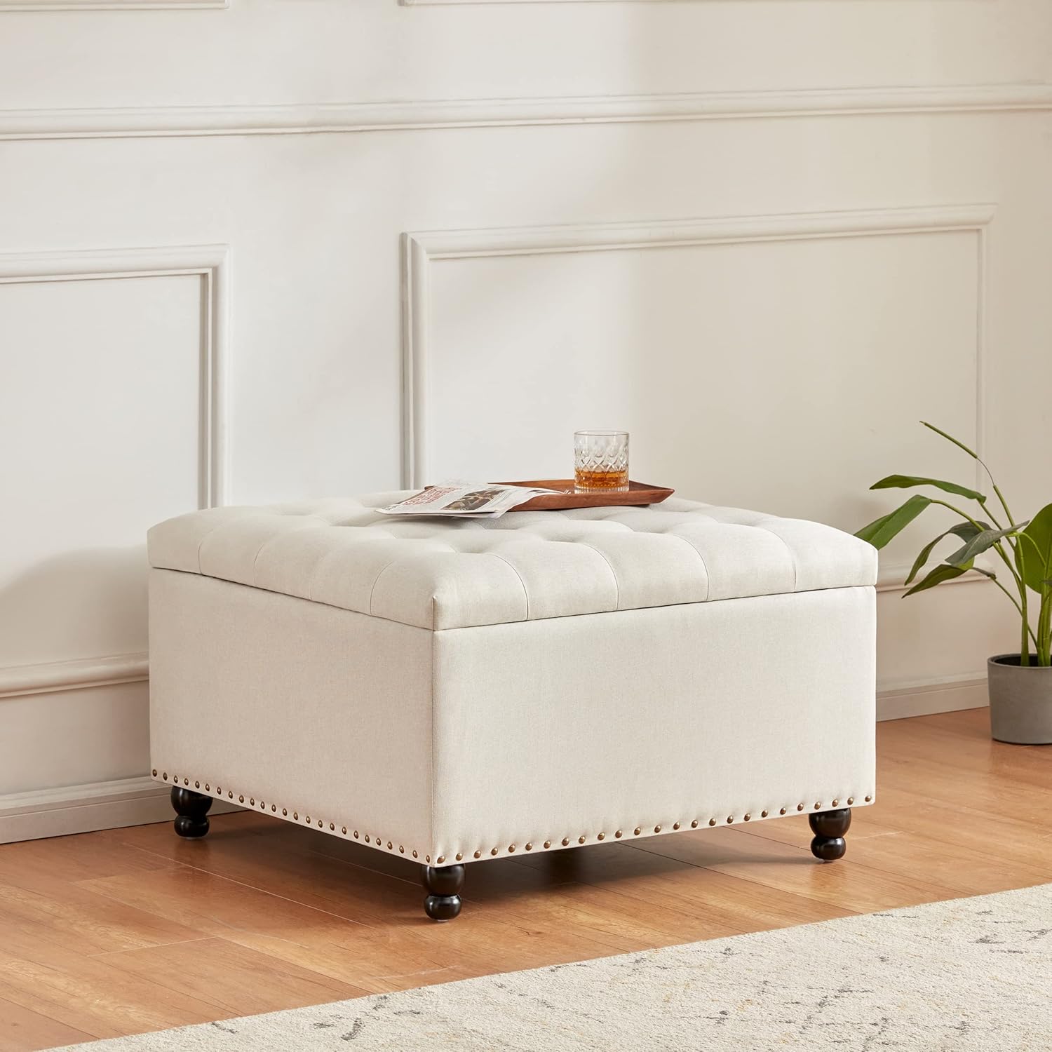Large Square Tufted Upholstered Ottoman Bench and Coffee Table with Storage, Oversized Footrest for Living Room, Beige