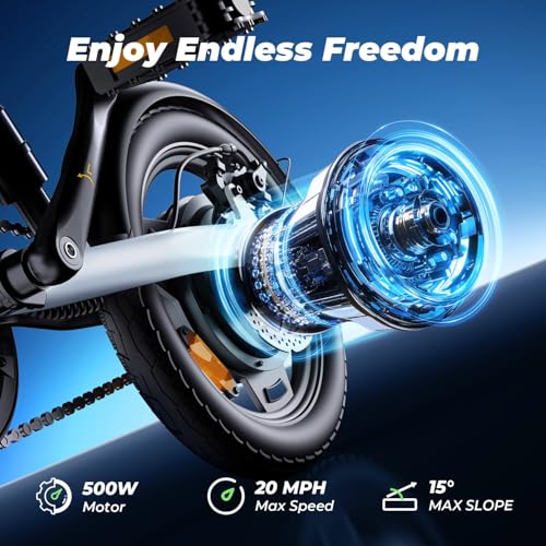 isinwheel U1 Electric Bike, 500W Motor, 20 mph, Folding Ebike, 14"/16"/20" Adults Electric Bicycles, 280.8Wh Battery, 25 Miles PAS Range, Black
