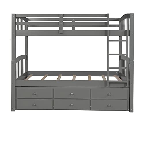 Harper & Bright Designs Twin Over Twin Bunk Bed with Storage Drawers, Solid Wood Bunk Bed Frame with Trundle, for Kids, Teens, Adults (Espresso)