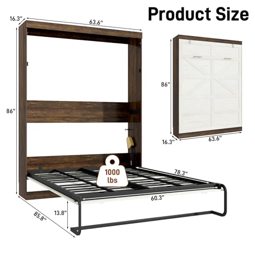 Queen Size Murphy Bed with 2 LED Lights, Farmhouse Wood Hidden Foldable Wall Bed Frame w/Gas Struts, Storage Bed Cabinet for Bedroom, Office