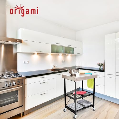 Origami Folding Kitchen Cart on Wheels, 3-Tier Foldable Rolling Cart - Chefs Outdoor Cart for Wine and Food, Microwave Cart, Plating Shelf