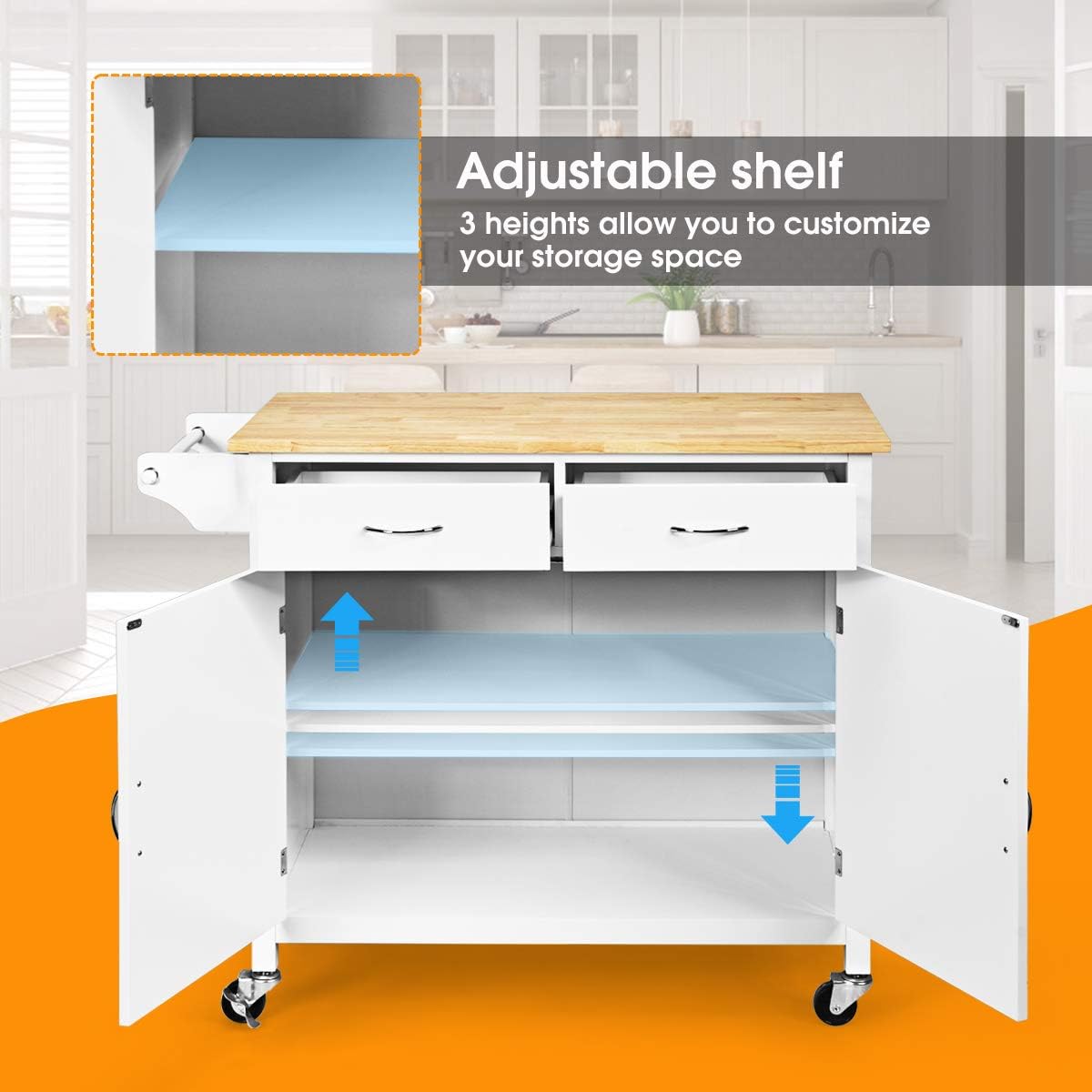 WATERJOY Rolling Kitchen Buffet Cart, Wood Utility Kitchen Storage Island Cart with Wood Top, Antique White(43 x 19.5 x 35.5)