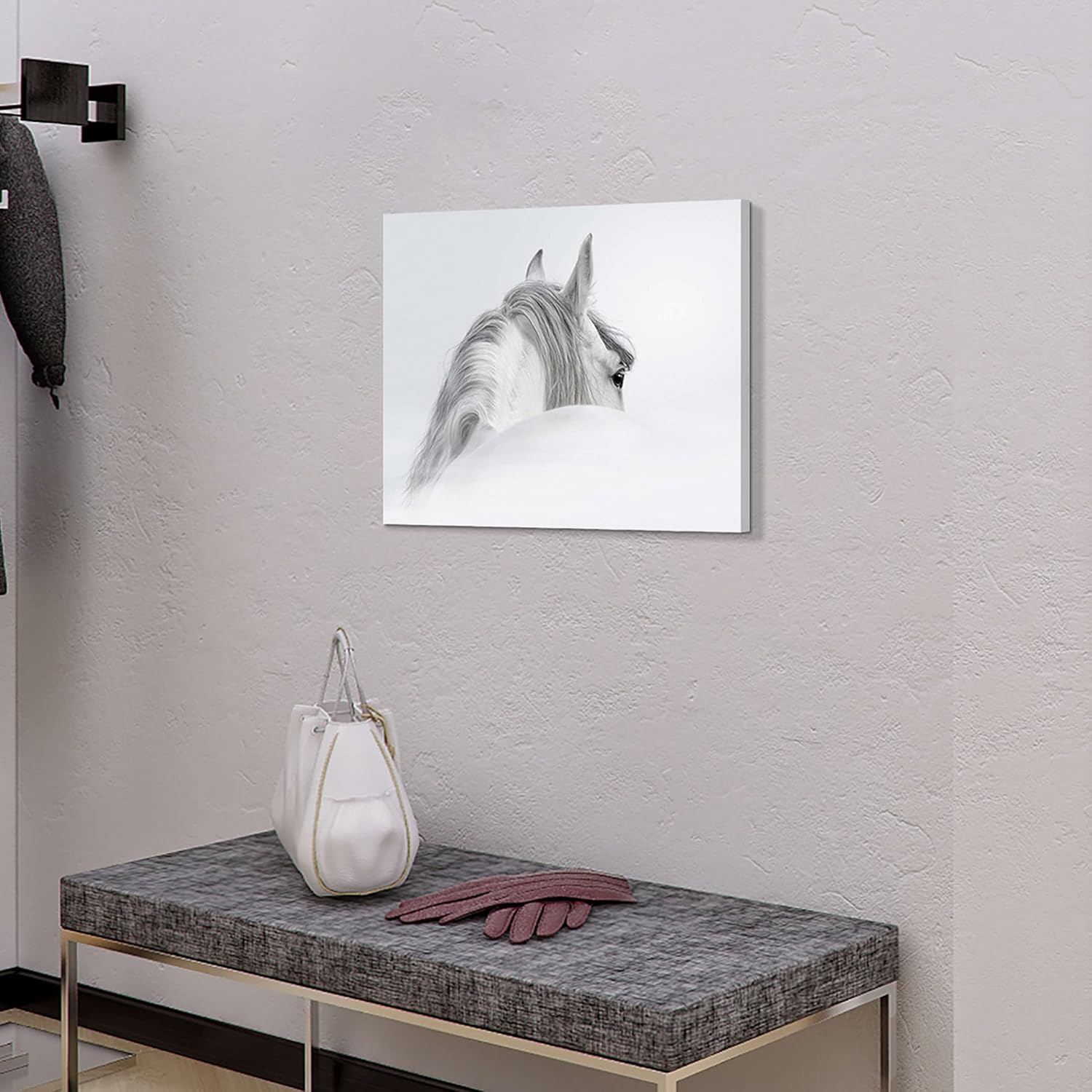 Bedroom Horse Canvas Wall Art: White Pony Picture Equestrian Print Large Modern Animal Portrait Artwork Contemporary Wildlife Painting for Bathroom