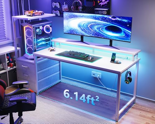 AODK 59 Inch Gaming Desk with USB Charging Ports & LED Light- Reversible Computer Desk with Storage Shelves & Monitor Stand