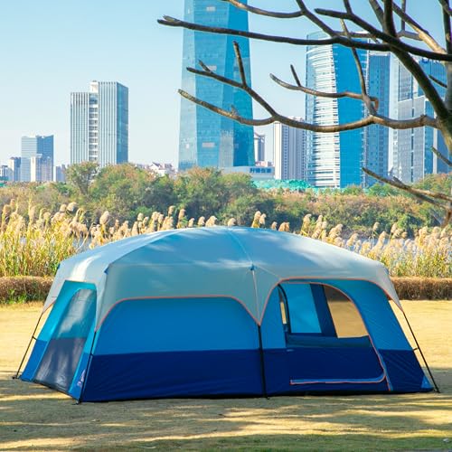 KTT Extra Large Tent 10-12-14 Person(Style-B),Family Cabin Tents,2 Rooms,3 Doors and 3 Windows with Mesh,Straight Wall,Waterproof,Double Layer