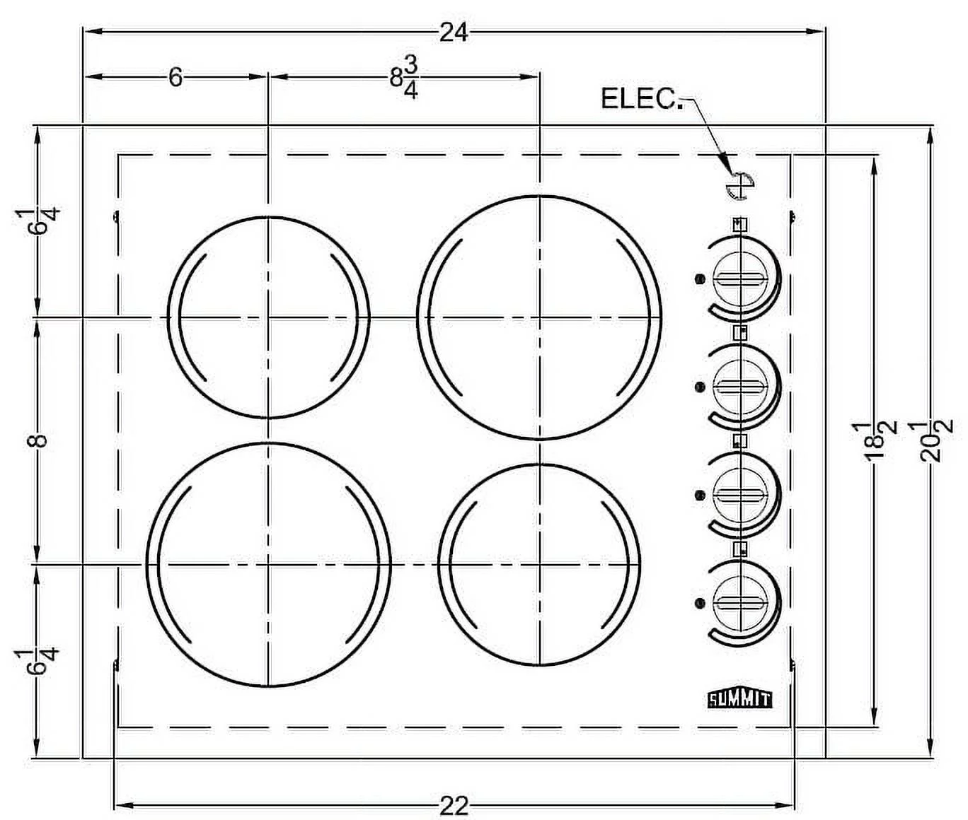 24" Wide 230V 4-Burner Radiant Cooktop
