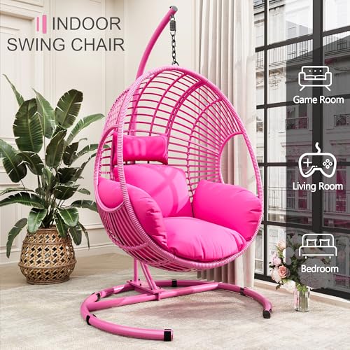 Oversized Hanging Egg Chair Outdoor Indoor, Wicker Swing Egg Chair with Stand 400lbs Capacity for Bedroom, Patio, Garden and Balcony (Beige-nest