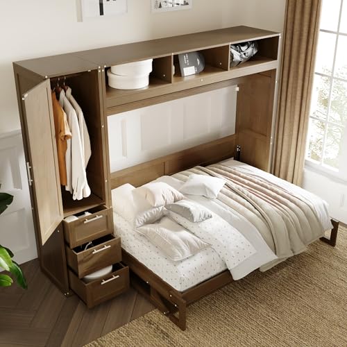Modern Full Size Murphy Bed with Wardrobe,Storage Drawers and Open Shelves,Solid Wood Wall Bed Frame for Bedroom Guest Room Home Office Study