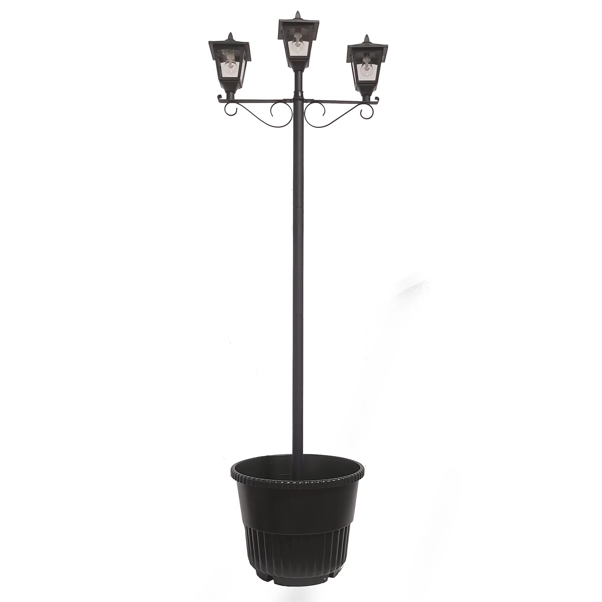 Gama Sonic Triple Head Solar Lamp and Post Set with Round Planter, Weather Resistant, Black Finish (14B50063)