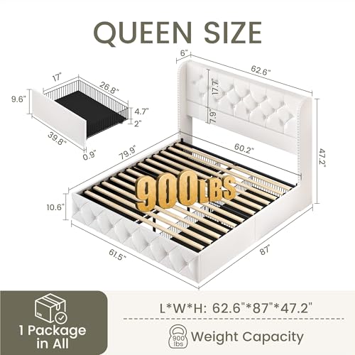 King Size Bed Frame with 4 Storage Drawers and Tufted Headboard Linen Upholstered Platform Bed Frame Wingback Beds with Wooden Slats Support