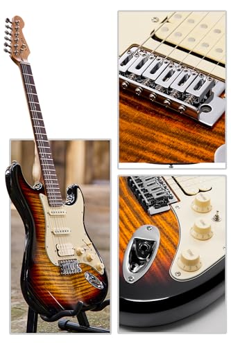 AKLOT Stryde Electric Guitar with Coil-Split: Roasted Maple Neck, Flame Maple Graphic Top, HSS Ceramic Pickups, Beginner Guitar Kit with 10W Amp
