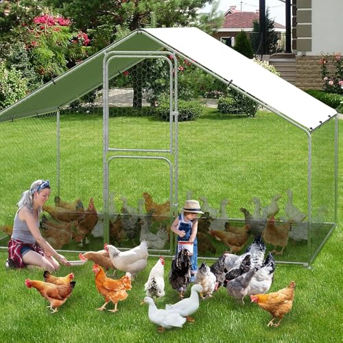 Heavy Duty Walk-in Chicken Coop, Large Metal Poultry Cage with Waterproof UV Cover & Round Top Design