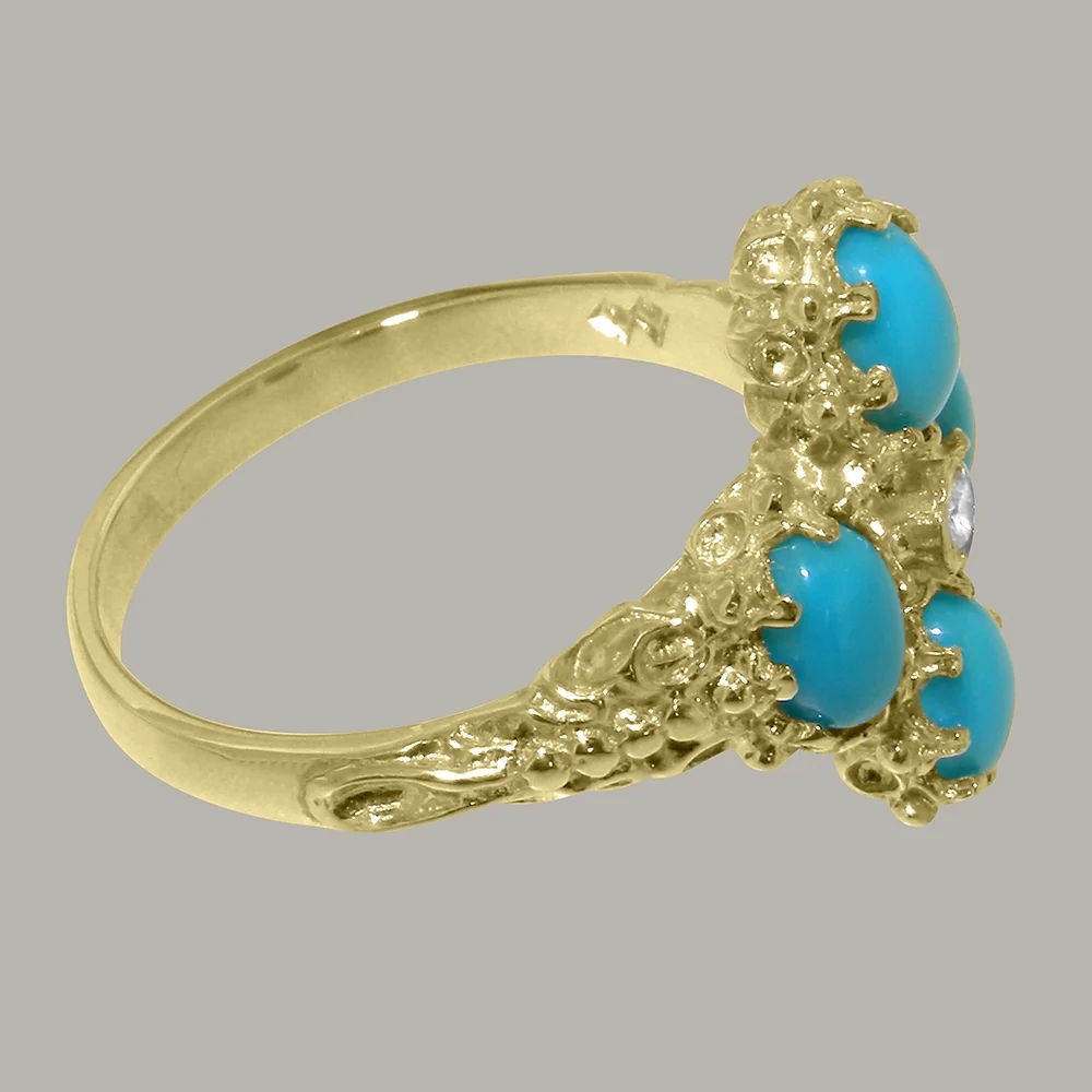 LBG British Made 9k Yellow Gold Natural Diamond & Turquoise Womens Anniversary Ring - 33 size options - Size 12