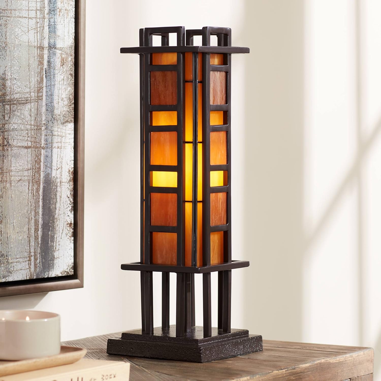 Robert Louis Tiffany Prairie Style Mission Rustic Pillar Accent Table Lamp Bronze Iron Column Hand-Cut Amber Stained Art Glass for Living Room