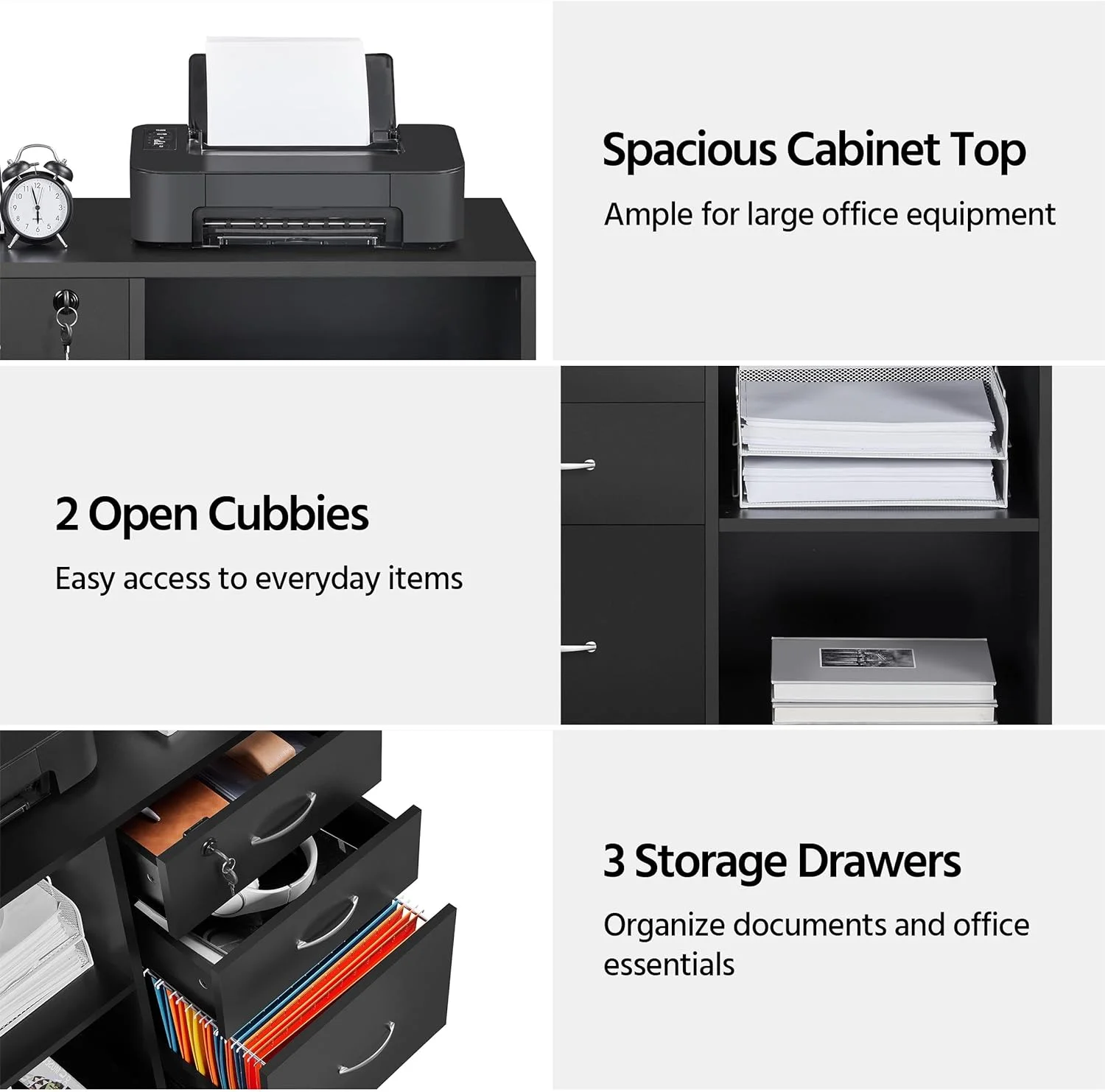 Black File Cabinet with Lock for Letter, A4 Size,3 Drawer Lateral Filing Cabinet Printer Stand with Open Storage Compartments