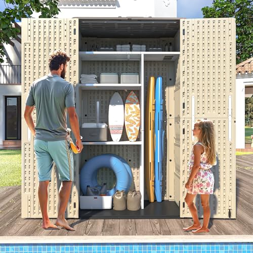 60 Cu.Ft Vertical Outdoor Storage Shed, All-Weather Resin Storage Cabinet Waterproof with Lockable Floor, Tall Backyard Shed for Patio Furniture