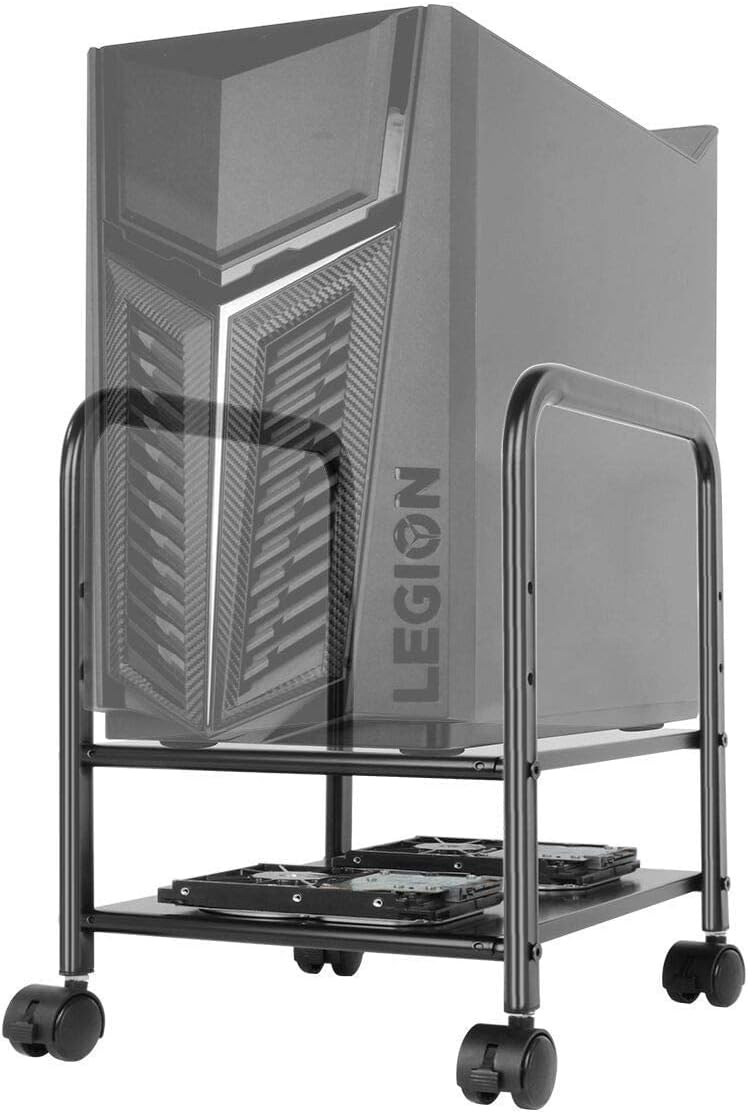Computer Tower Stand CPU Holder - 360Tronics Adjustable Desktop ATX-Case Cart 2-Tier CPU Steel Rolling Stand