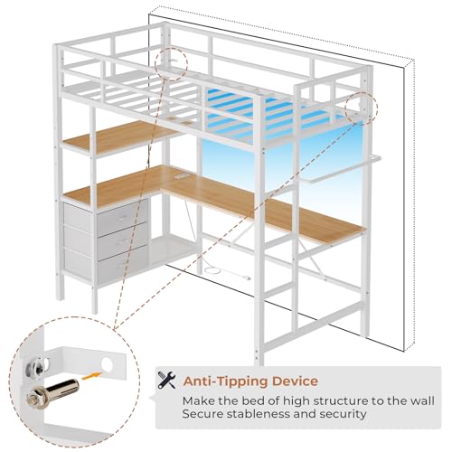 DICTAC Loft Bed Full Size with L-Shaped Desk and Charging Station Full Metal Bed Frame with LED Lights,Open Shelves and 3 Fabric Storage Drawers
