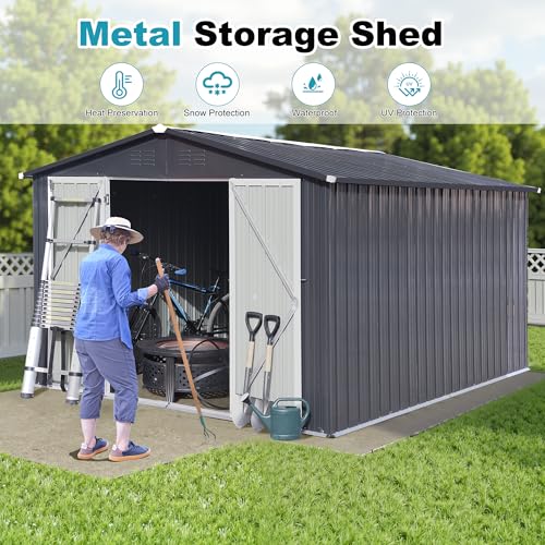 8x6 FT Outdoor Storage Shed, Metal Tool Shed with Lockable Doors, Peaked Roof & Frame Floor