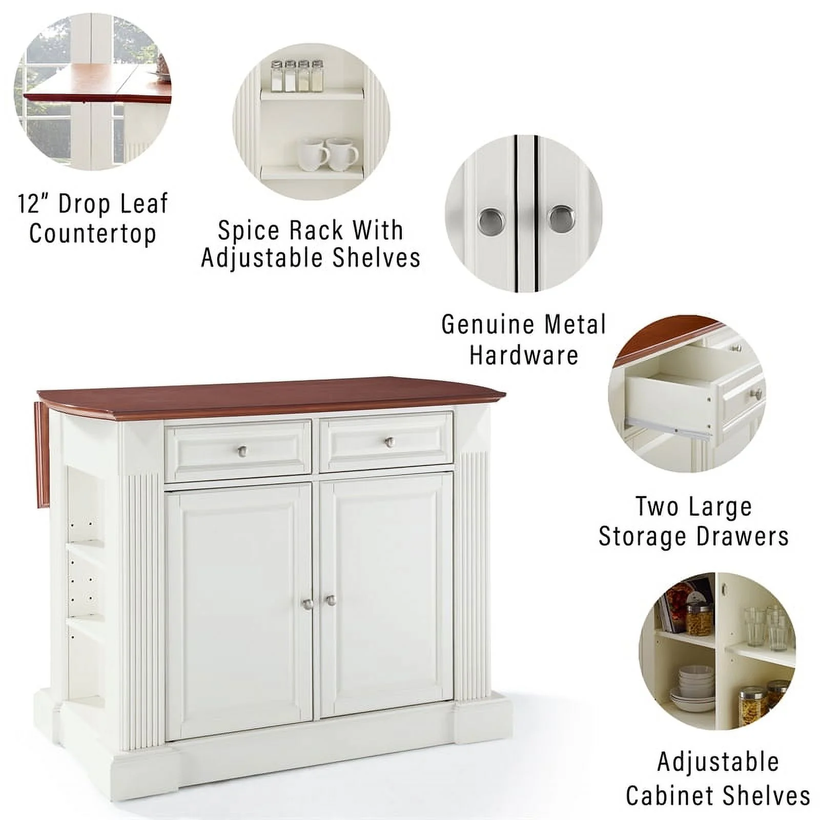 Pemberly Row Wood Drop Leaf Breakfast Bar Kitchen Island with Stools in White