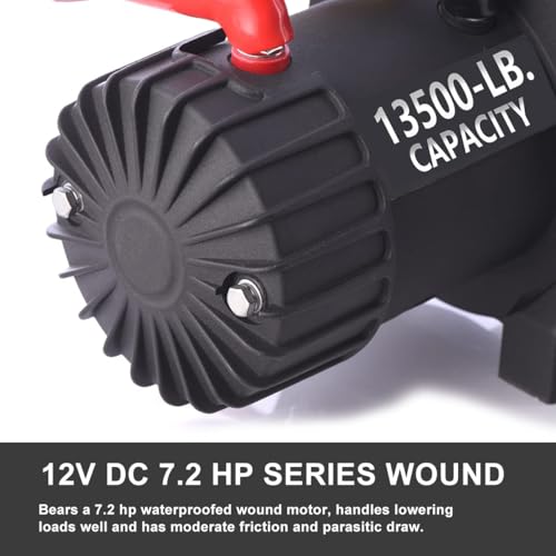RUGCEL 13500lb Waterproof Electric Red Synthetic Rope Winch with Hawse Fairlead, Wired Handle and 2 Infrared Remote(13500LB RED)