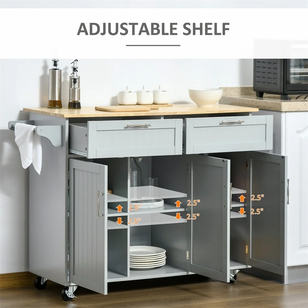 DEELIGHT Mobile Wood Kitchen Island with Storage and Adjustable Shelves - N/A Grey