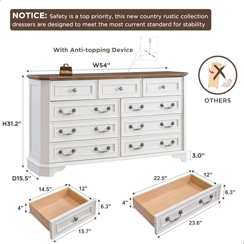 T4TREAM Farmhouse 5 Drawers Dresser for Bedroom, 48" Tall Wood Rustic Chest of Drawers with Natural Texture, Vintage Design