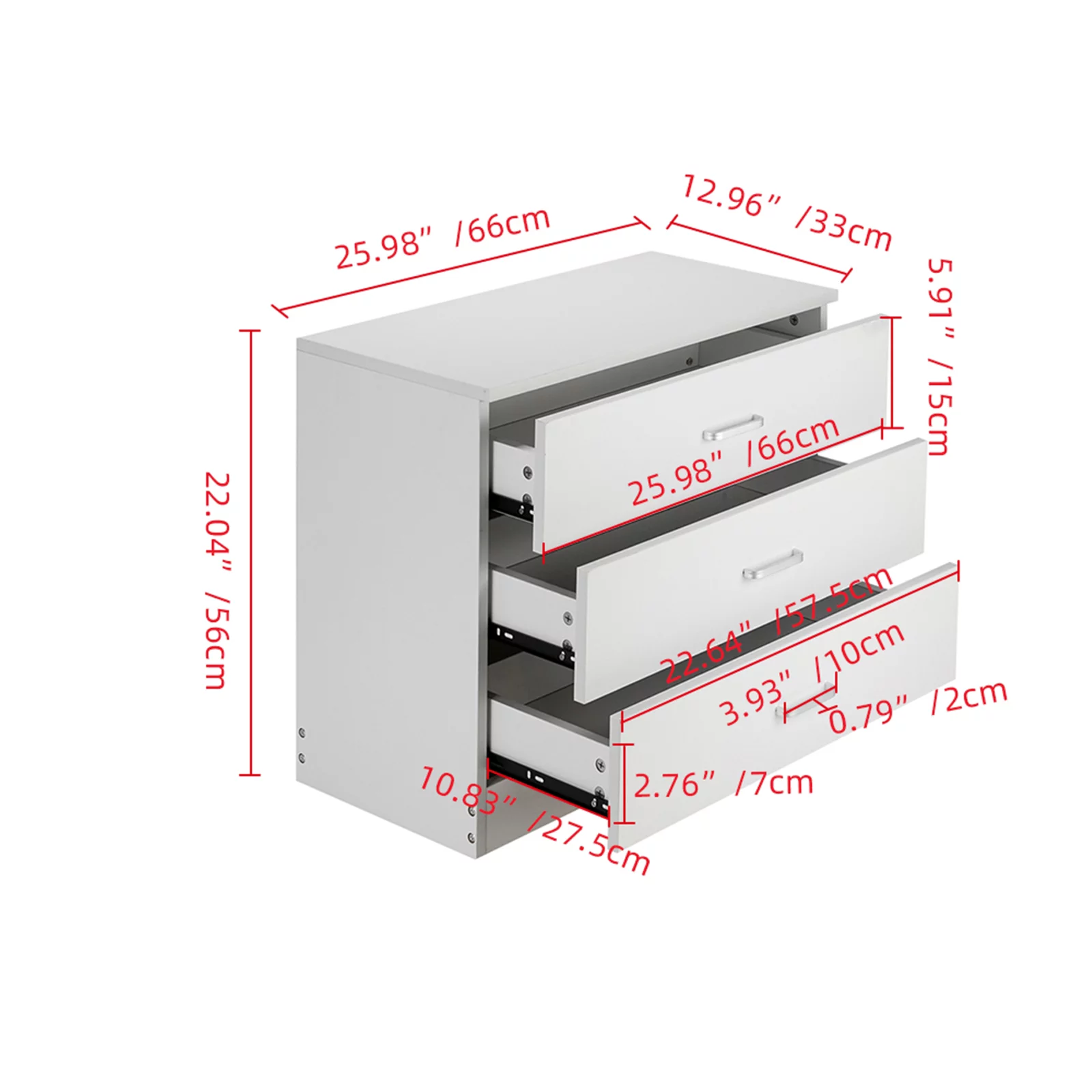 3-Drawer Dresser, White Chester Drawer Bedside Nightstand for Bedroom, Under Desk File Storage Cabinet for Office with Sliding Drawer Metal Handle