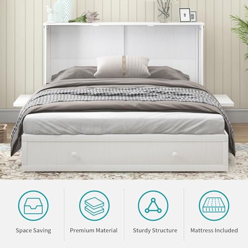 BALUS Murphy Bed Cabinet,Queen Murphy Bed with Tri-fold Mattress & USB Charging Station