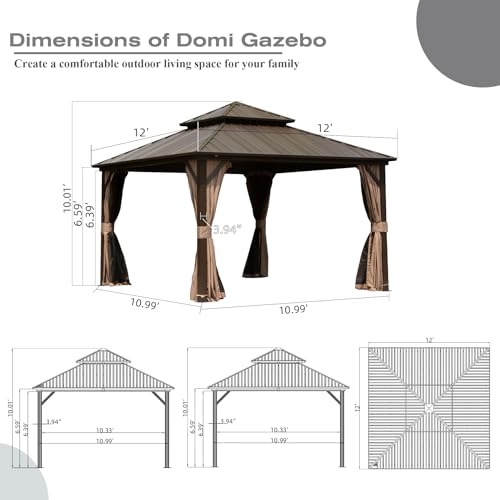 Domi 10' x 10' Hardtop Gazebo Outdoor Metal Gazebo with Galvanized Steel Double Roof Canopy, Curtains and Netting for Patio, Backyard, Deck
