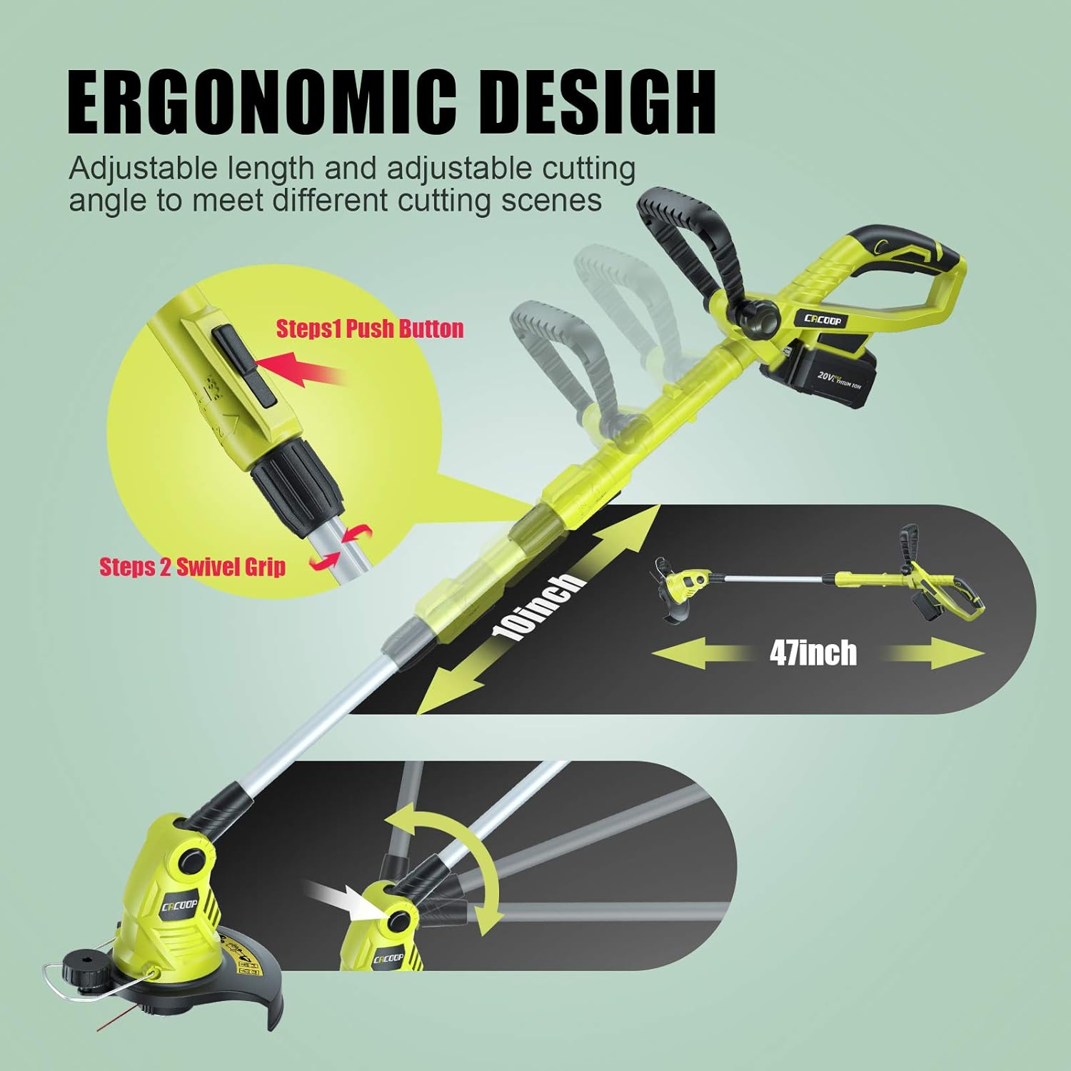 CACOOP 20V MAX Cordless String Trimmer/Edger with 4.0Ah Battery,Low DB Design,Lightweight & Portable & Stretchable Weed Grass Eater