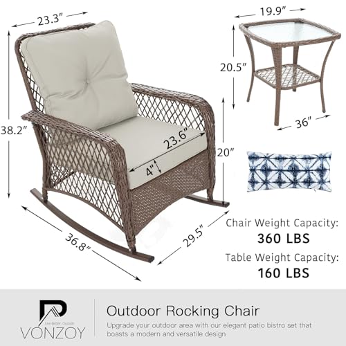 Patio Furniture Set 3 Pieces, Wicker Rocking Bistro Set with Thick Cushions, Outdoor Rocker Chairs and Coffee Table for Porch
