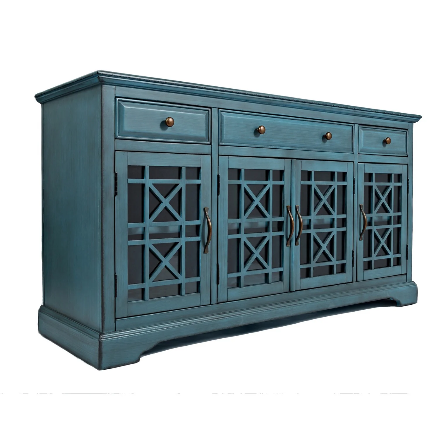 Benzara Koi 60 Inch Acacia Wood TV Media Entertainment Center Console, 4 Glass Doors, Crossed Wood Design, Antique Blue