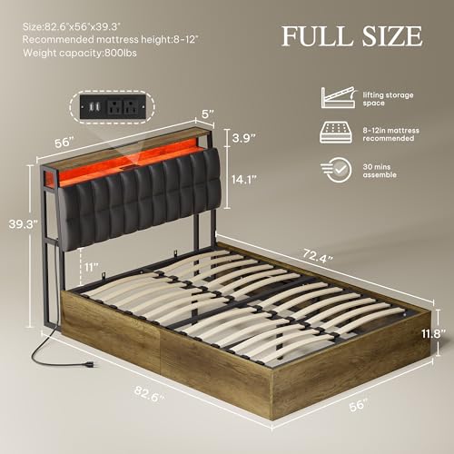 YITAHOME Queen Size Lift Up Bed with Charging Station & RGB LED Lights, PU Leather Upholstered Platform Storage Bookcase Headboard Bed